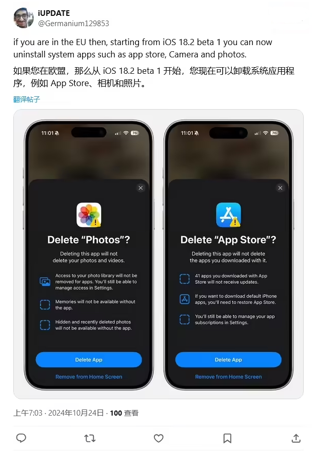 樊城苹果手机维修分享iOS 18.2 支持删除 App Store 应用商店 