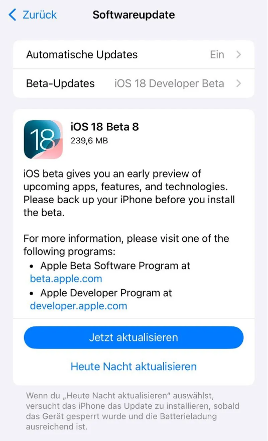 樊城苹果手机维修分享苹果 iOS / iPadOS 18 开发者预览版 Beta 8 发布 